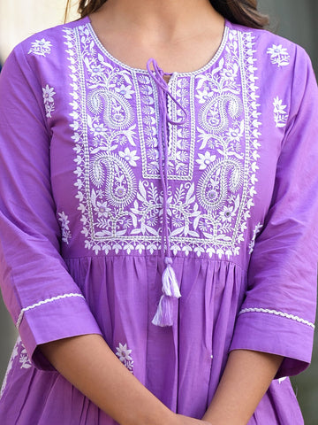 Varanga Lavender Thread Embroidered Kurta Paired With Tonal Bottom And Dupatta